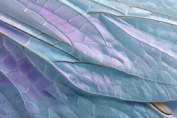 Delicate texture of dragonfly wings showcasing iridescent hues of blue and purple under soft light