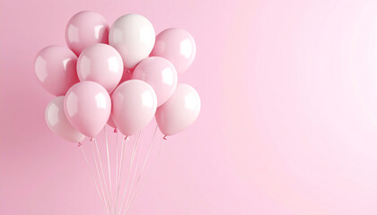A cluster of pink balloons floats against a soft pink background, creating a cheerful and festive atmosphere