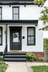 Modern white brick house featuring black accents, welcoming front porch with steps, surrounded by green foliage in a suburban neighborhood during daytime