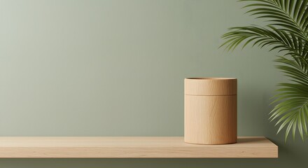 Wooden container on light green wall with palm leaf