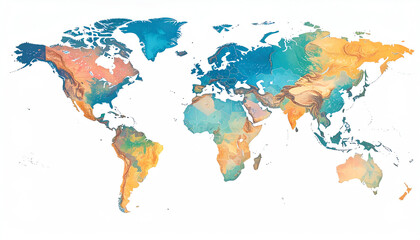 Colorful world map illustration showcasing different regions with vibrant hues and unique textures, emphasizing geographical diversity