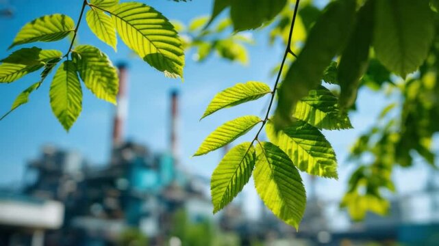 Harmony of Nature and Industry: The photograph unveils a juxtaposition, showcasing the vibrant, detailed leaves in the foreground, framing a factory in the distance.