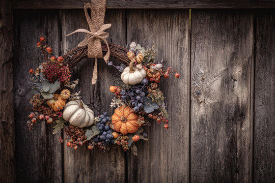 Rustic autumn wreath adorned with small pumpkins, berries, and dried flowers hangs on weathered wooden fence, evoking cozy and festive seasonal atmosphere