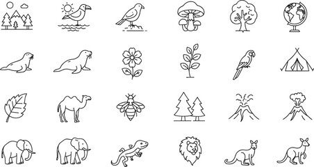 Nature and Wildlife Line Icons Set Mountains, Sun, Birds, Plants, Animals, Tent, Volcano, and Globe for Outdoor Activities and Environmental Exploration