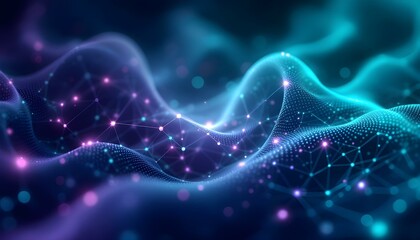 Glowing digital mesh background with interconnected nodes and smooth gradient transitions in teal and purple .