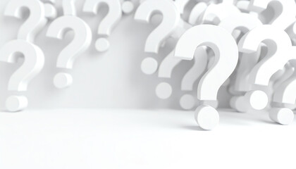 White question marks float against a minimalistic backdrop, symbolizing inquiry and curiosity in a clean, modern design