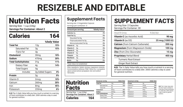 Nutrition and supplement facts label template, Editable nutrition facts design for food and health products packaging