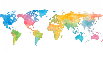 Obraz premium A colorful watercolor world map highlighting continents and countries in vibrant shades, ideal for educational or artistic purposes