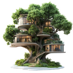 Modern treehouse design with multiple floors and glass walls nestled within lush greenery transparent background, cutout PNG