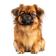 Fluffy brown dog with expressive eyes sitting upright on a white surface, clear focus on its features, transparent background, cutout PNG
