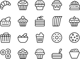 Sweet Bakery and Dessert Line Icons Set Croissant, Cupcake, Muffin, Pancake, Donut, Cookie, and Pastries for Cafes, Bakeries, and Delicious Food Concepts