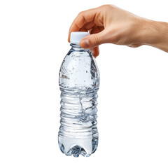 Hand gripping a plastic water bottle with water swirling inside, transparent background, cutout PNG