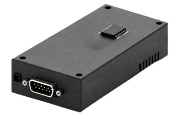 Black electronic module with a data port isolated on a transparent background