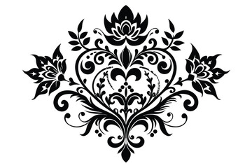 Decorative Black Damask Vector Element with Floral Swirls and Flourishes Design