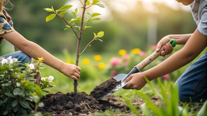 Planting a Tree Children Working Together in a Garden, concept of world environment day