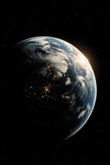 Fototapeta premium The Blue Planet, Earth, glistens in the dark expanse of space, its vibrant blue oceans and green continents showcasing the beauty of life amidst the cosmos' vastness.