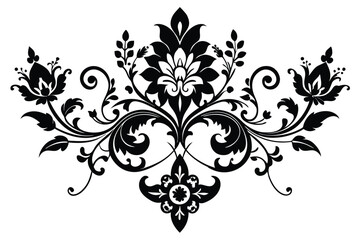 Ornate Floral Design Black Symmetry, Decorative Leaves, and Swirling Accents Artistically Arranged