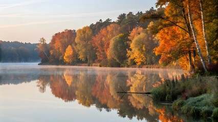 Serene Autumn Lake Colorful Trees Reflected in Calm Water