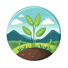 Green plants sprouting from soil against a scenic mountain backdrop with blue sky and clouds, transparent background, cutout PNG