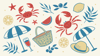 Summer Picnic Illustration: A charming illustration showcasing picnic elements such as a basket, umbrella, crabs, lemon slices, and other objects