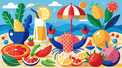 Naklejka premium Summer's Flavorful Feast: A vibrant illustration showcasing summer fruits and refreshing beverages on a beach, complemented by a charming crab, creating a visual symphony of the season's delights.