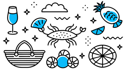 Summer picnic doodle: A vibrant, playful illustration of summer essentials including a refreshing drink, a picnic basket, and delicious fruits, all perfectly evoking the season's joy and energy.