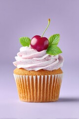 Single Vanilla Cupcake with Cherry and Mint on Lavender Background