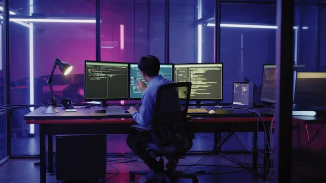 Night Coding in Modern Tech Office with Multiple Monitors.