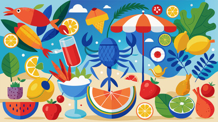 Naklejka premium Summer Fun Paradise: A vibrant illustration of summertime bliss unfolds, showcasing playful imagery of refreshing fruits, a bright sun umbrella, and whimsical sea creatures.