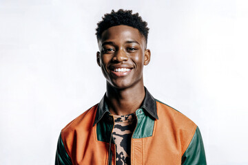 Young Man in Colorful Leather Jacket Smiling