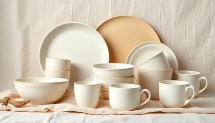 Creamy white and beige ceramic bowls, plates, mugs arranged on linen backdrop,  kitchenware,  clean