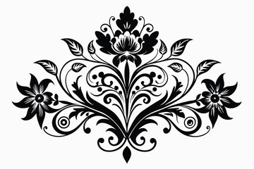 Black Floral Damask Design Elegant Vector with Leaves, Scrolls, and Flowers Illustration