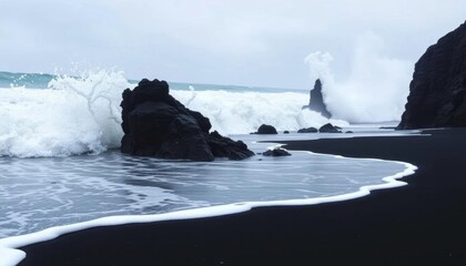 Dark, frothy waves crash on Reynisfjara's black sand,  Atlantic Ocean,  Reynisfjara