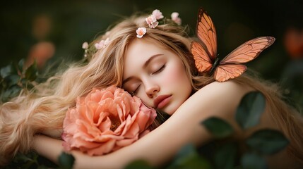 Naklejka premium A fairy sleeping inside a blooming rose