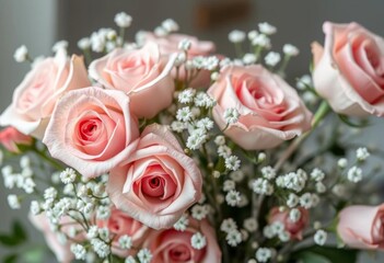 Fototapeta premium Delicate blush pink roses and fluffy baby's breath in a soft, romantic arrangement, floral arrangement, bouquet