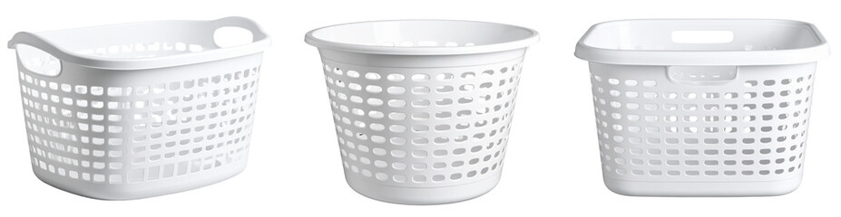 White Plastic Laundry Basket with Vent Holes, front view, isolated on transparent background PNG