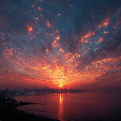 Vibrant City Sunset with Sparkling Stars and Red Sky