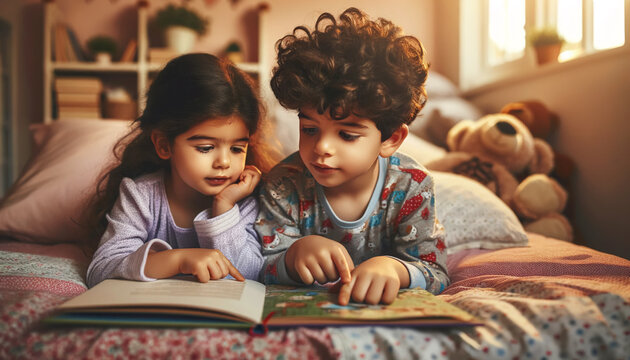 Two young siblings reading a book together in a cozy, sunlit bedroom. This warm, intimate moment captures childhood bonding, early learning, and family love. Education and parenting. - Powered by Adobe