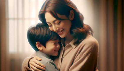 Heartwarming moment of a mother hugging her smiling son indoors. Family bonding, parenting, love, affection, motherhood, emotional connection, nurturing relationships. Joyful family lifestyle.