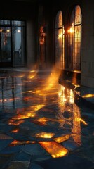 Wet Stone Floor Glowing Under Warm Yellow Spotlight in Dark Room