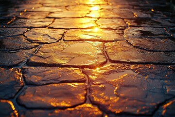 Wet Cracked Stone Pavement at Sunset