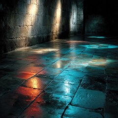 Wet Stone Floor Under Blue Ambient Spotlight