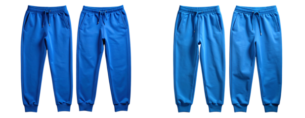 Folded front and back view of blue joggers on textured wooden surface Transparent Background PNG