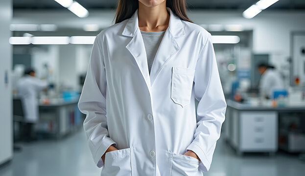 A woman in a white lab coat standing in a modern laboratory, her expression focused, highlighting her professionalism and expertise, high-quality, detailed, cinematic lighting, high resolution, 4k