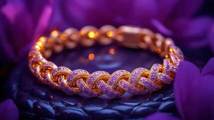 Fototapeta premium Luxurious gold bracelet adorned with purple gemstones, resting on dark surface with purple petals.