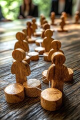Wooden Figures Representing a Business Network on a Wooden Table