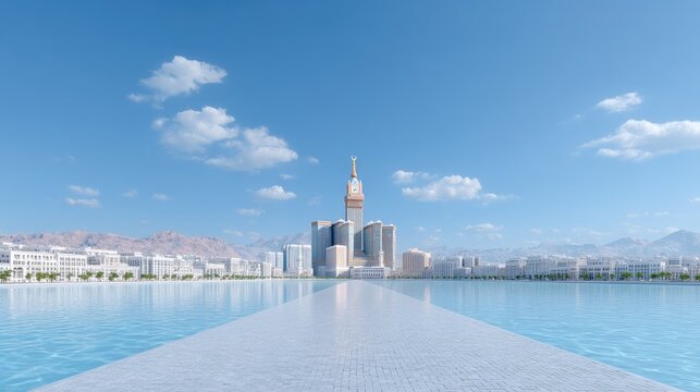 Wide Angle View of Mecca Clock Tower and Kaaba