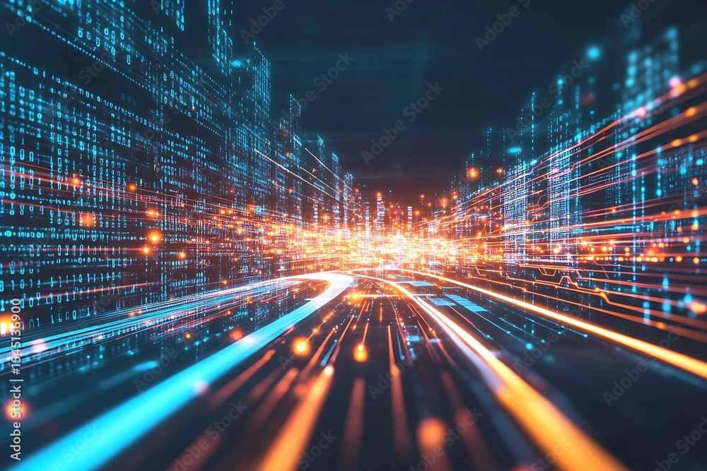 Poster futuristic data stream city with digital binary code and glowing network connections