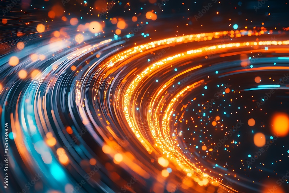 Poster abstract data stream with glowing lines and particles for technological background design
