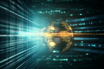 Digital World Globe with Binary Code and Data Stream for Global Technology Solutions